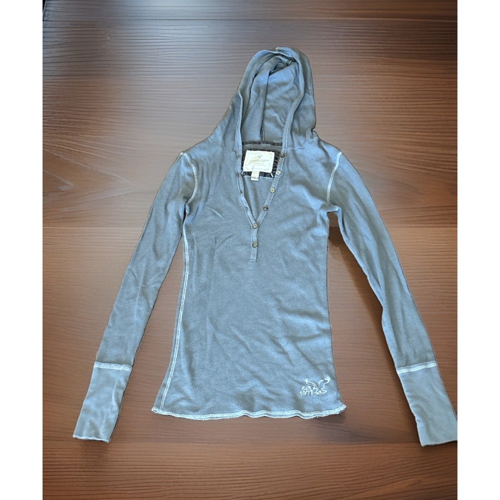 Vintage Y2K American Eagle Hooded Waffle Henley Shirt Blue Bella Swan Size Small
